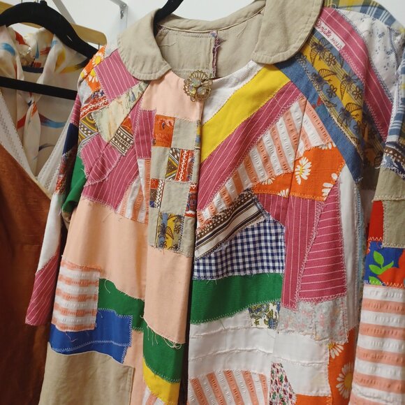 Whimsical Vintage 70s Patchwork Long Jacket XL - Picture 3 of 16